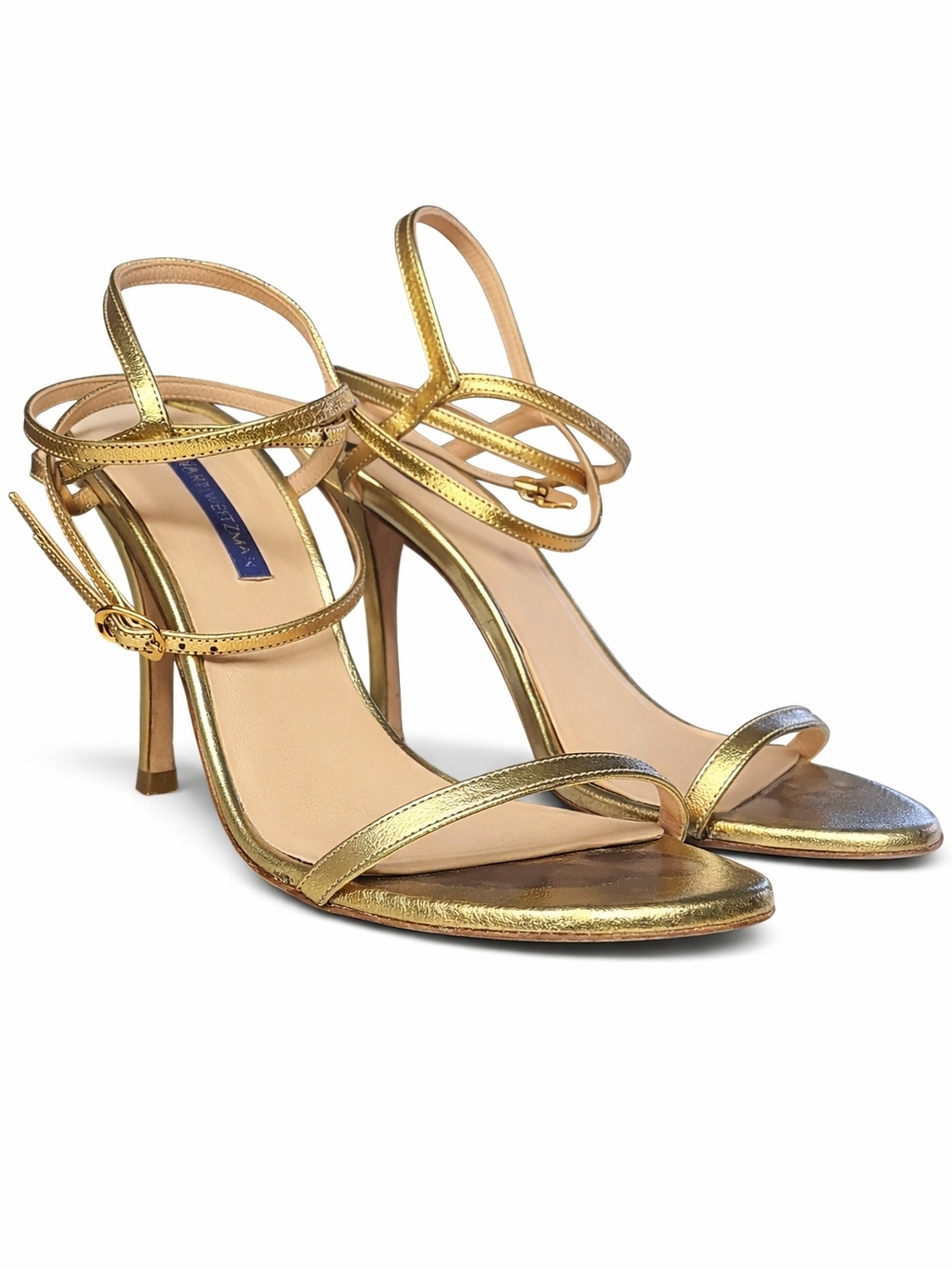 Stuart Weitzman | Merinda Metallic Gold Leather Ankle-Wrap Sandals in Size US 8